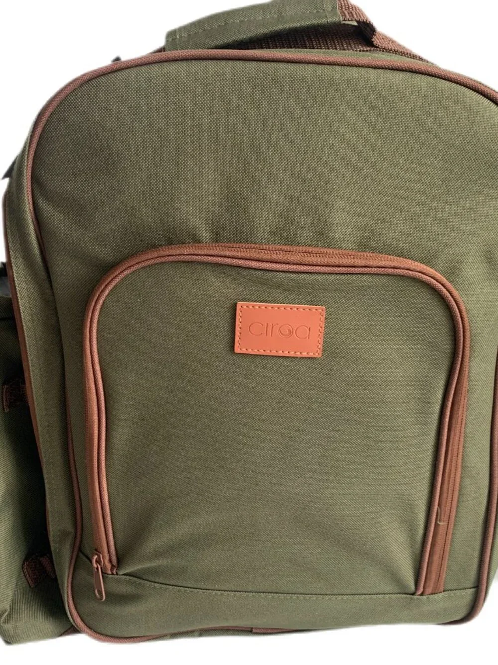 Ciroa Day Out Essentials Picnic Backpack Green Brown Trim Insulated Outdoor Set